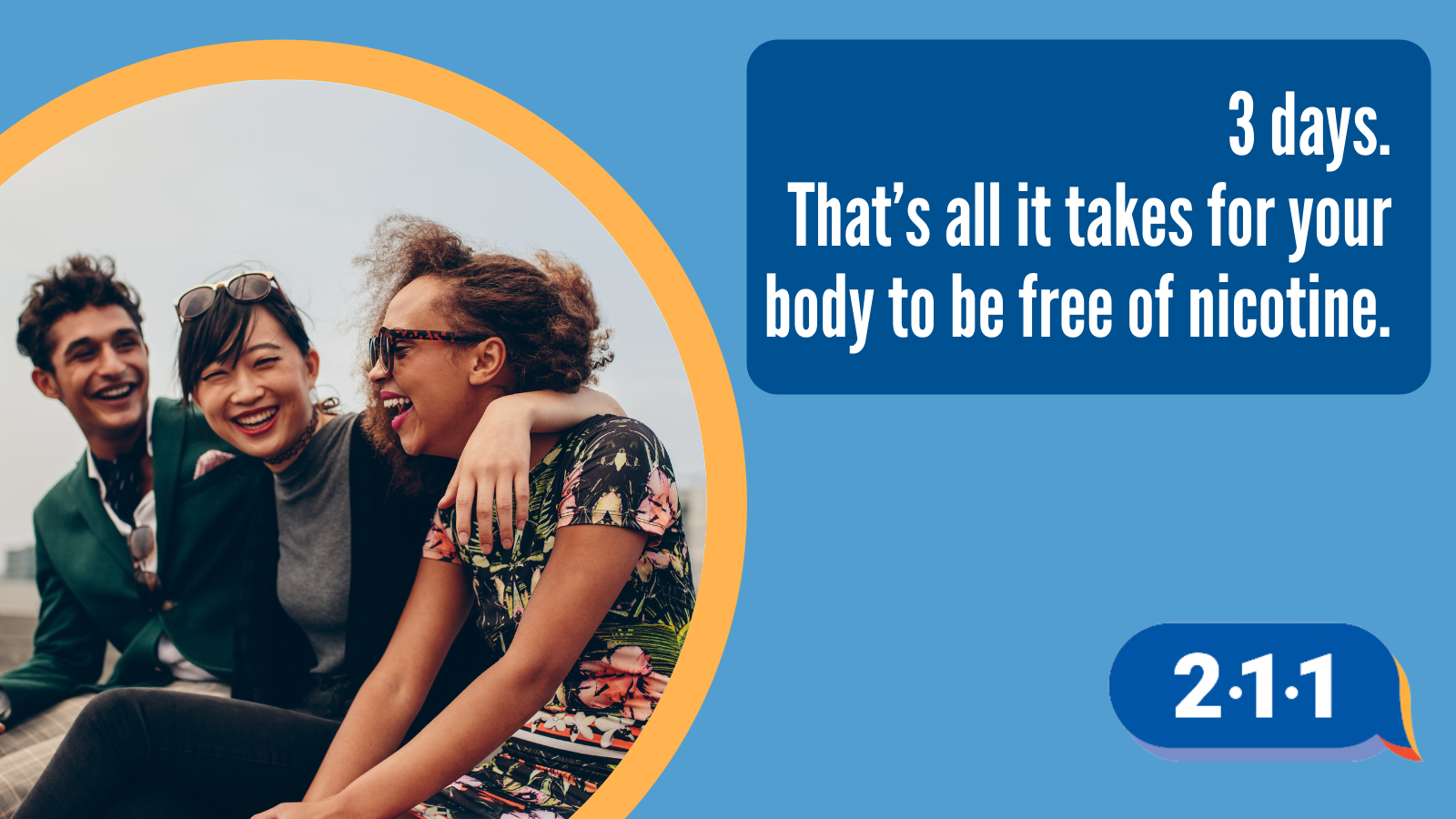 Image of 3 people and text: 3 days. That's all it takes for your body to be free of nicotine. 2-1-1